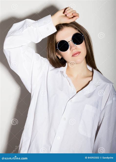 Naked Girl In A Man S White Shirt With Sunglasses Stock Photo Image