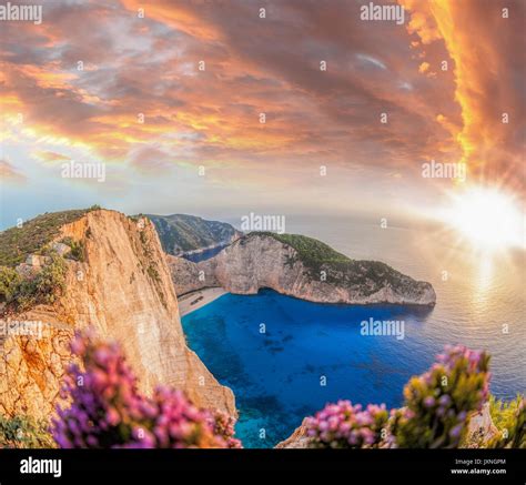 Navagio Beach With Shipwreck And Flowers Against Sunset On Zakynthos