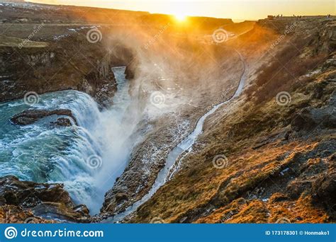 Waterfall And The Sunrise Of Iceland Gullfoss Stock Image Image Of