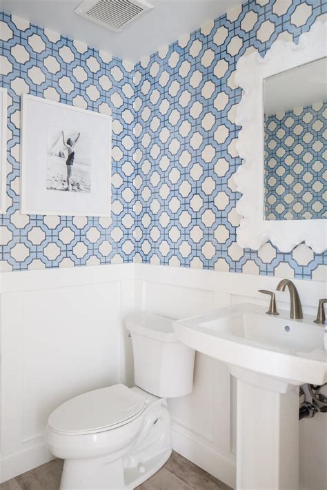 Contemporary Blue And White Bathroom With Printed Wallpaper And