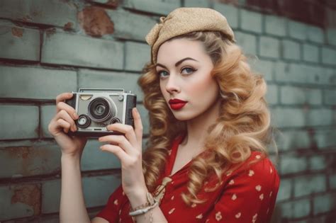 Premium Ai Image A Young Woman Holding A Vintage Camera While Wearing