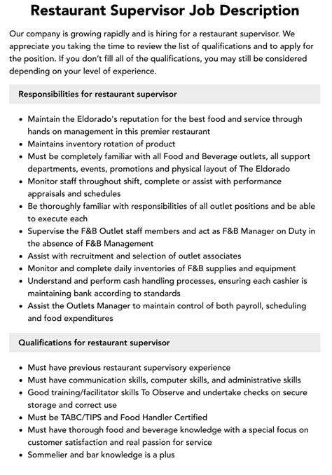 Restaurant Supervisor Job Description Velvet Jobs