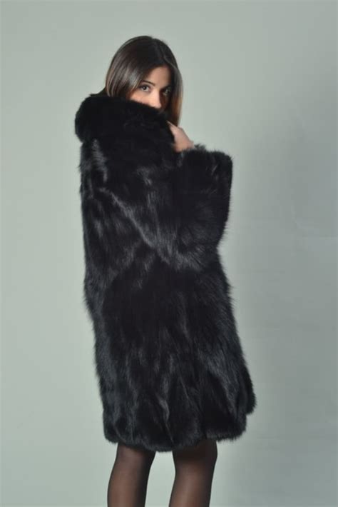Black Fox Fur Coat Knee Length Plus Size Coat Real Fur Coat Etsy