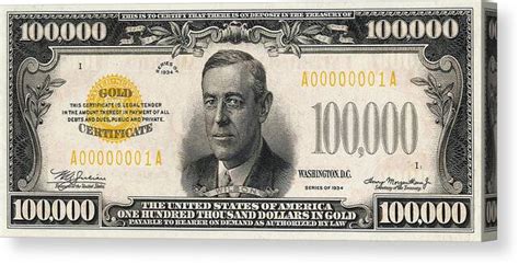 Us One Hundred Thousand Dollar Bill 1934 100000 Usd Treasury Note Canvas Print Canvas Art