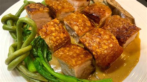 Air Fried Crispy Pork Belly Kare Kare Lechon Kawali Kare Kare Nam Nam The Clumsy Chef