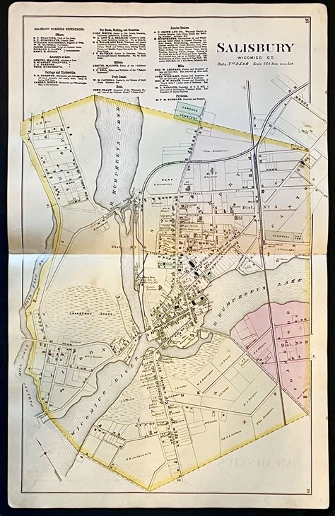 Original 1877 Hand-Colored Street Map of Salisbury, Maryland Wicomico