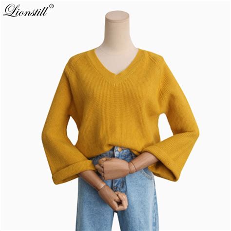 lionstill new 2018 autumn sweater women flare sleeve knitwear v neck slim sweater female