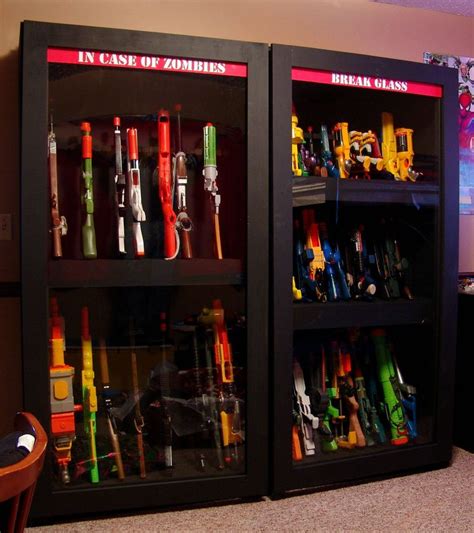 I looked into using peg board or wood to make a rack but decided to go with pvc instead.so, after a lot of weeks measuring & laying things out in my mind, i went and bought some 1 pvc & t fittings.after another week of. Nerf gun cabinet | EDC & Survival | Pinterest