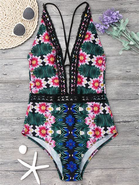 Off Lace Panel Floral One Piece Swimsuit In Colormix Zaful
