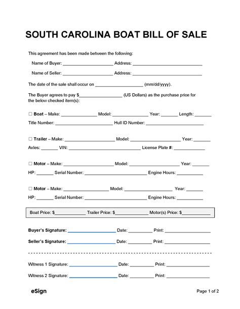 Free South Carolina Boat Bill Of Sale Form Pdf Word