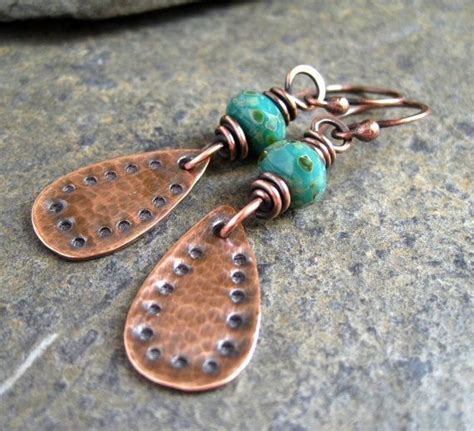Hammered Copper And Turquoise Earrings By Shawna Metal Jewelry