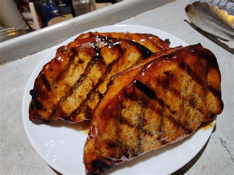 Costco Pork Loin Cut Into Chops Grilled With Kinders Bbq Sauce R