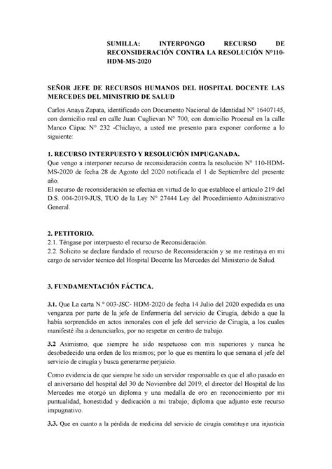 Recurso Reconsideración Práctica Sumilla Interpongo Recurso De