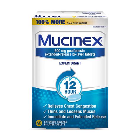 Chest Congestion Mucinex 12 Hour Extended Release Tablets 40ct 600 Mg Guaifenesin Relieves