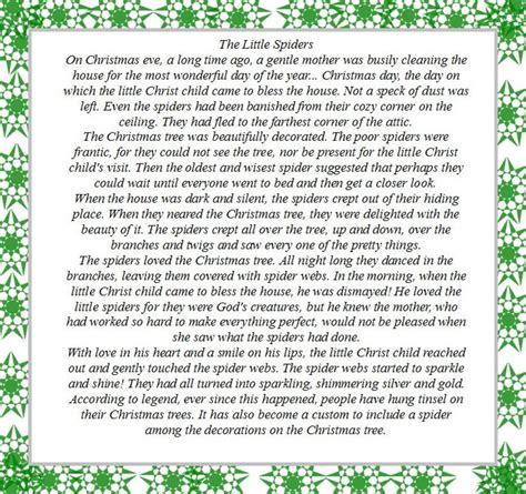 This is a continuation of the series on a children's christmas musical idea that introduces several christmas legends like many other legends, there are several versions of the :legend of the christmas tree. The Story of The Little Christmas Spider. Video Tutorial ...