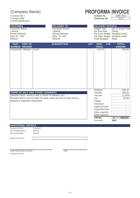 Sample Proforma Invoice Excel Template