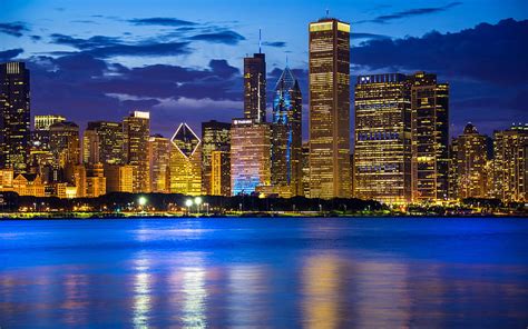 Chicago Lake Michigan Skyscrapers Modern Buildings Night City