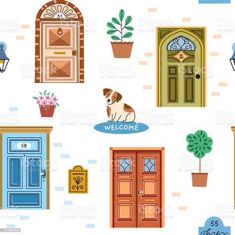 Seamless Home Doors Pattern Colorful Repeated Front Entries With