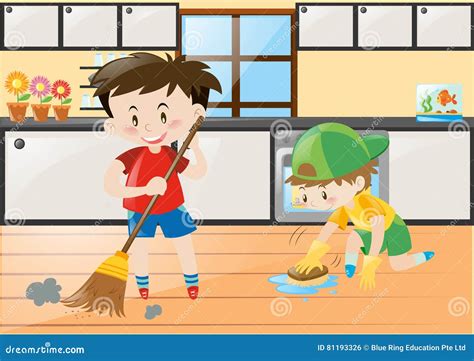 Two Boys Cleaning The Kitchen At Home Stock Vector Illustration Of