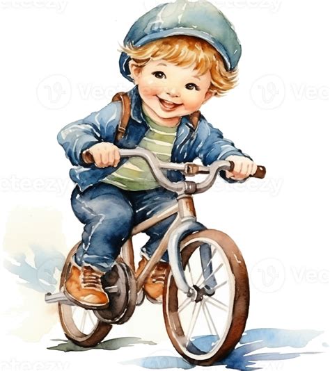 Cute Little Boy Riding A Bicycle Cycling Watercolor Vintage Style