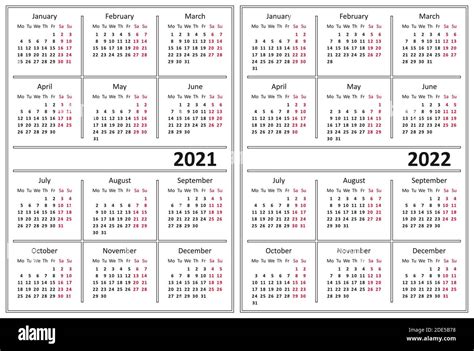 Calendar Template 2021 2022 Week Starts On Monday Stock Vector Image