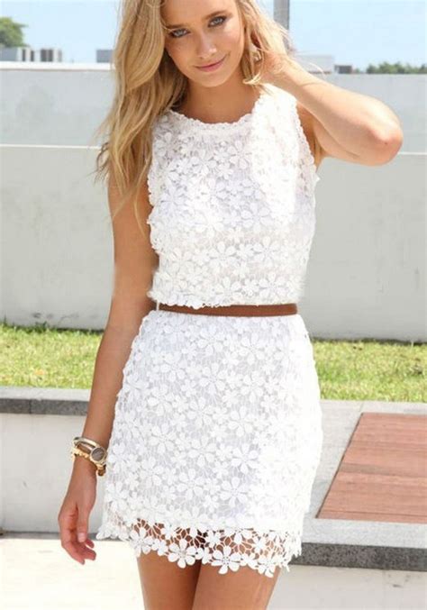 White Floral Hollow Out Bodycon Hip Short Package Crochet Sleeveless Sweet Lace Mini Dress