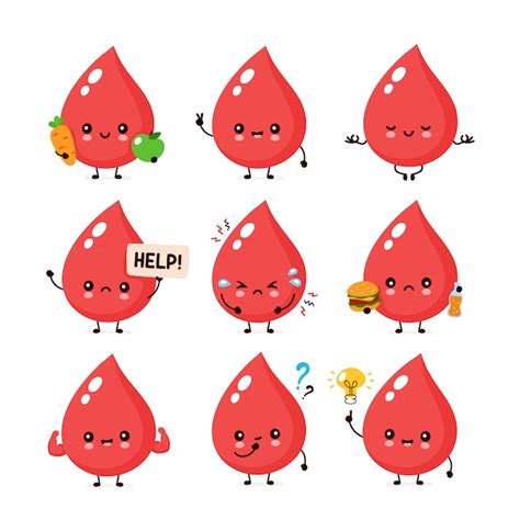Cute Happy Smiling And Sad Blood Drop Character Set Collection Blood