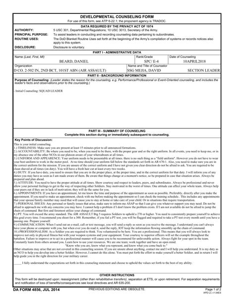 Army Initial Counseling Template Army Military