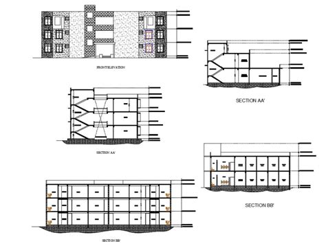 Corporate Office Building All Sided Elevation Section Cad Drawing