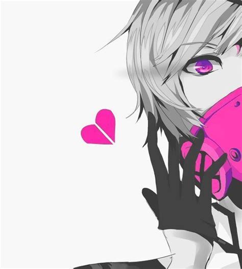 Image of pain anime animeboy drawing brokenheart b. Black and white anime boy with pink gas mask, and a pink ...