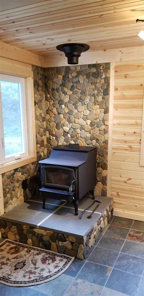 Hand Picked River Stone Over Tile Board Woodstove Hearth Wood Stove