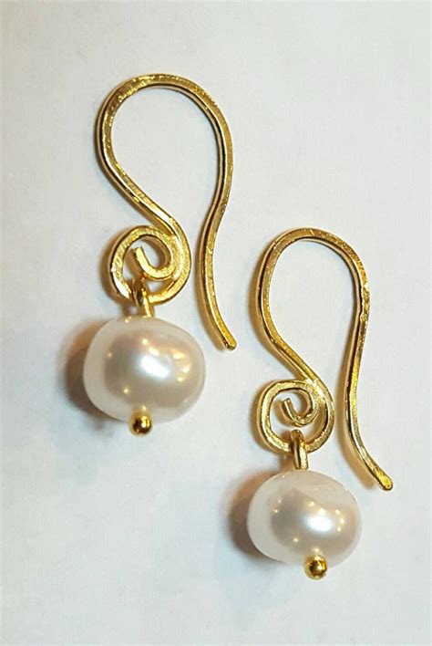 K Solid Gold Tiny Spiral Pearl Drop Earrings Pure Gold Ear Wires