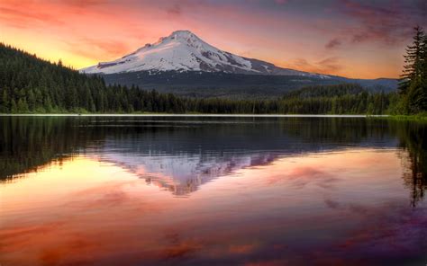 Sunset Trillium Lake Reflection Of Mount Hood Stratovolcano In Oregon