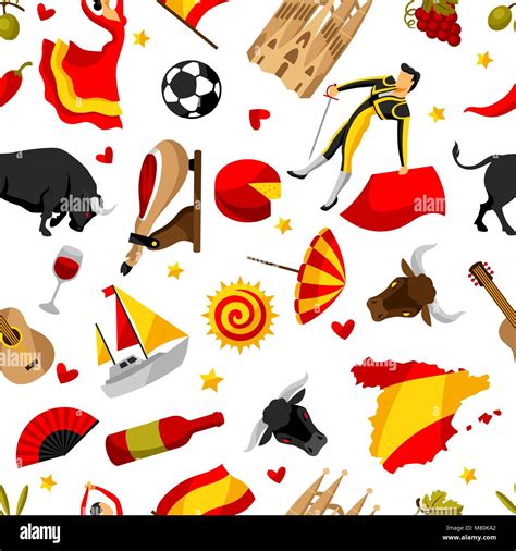 Spain Seamless Pattern Spanish Traditional Symbols And Objects Stock