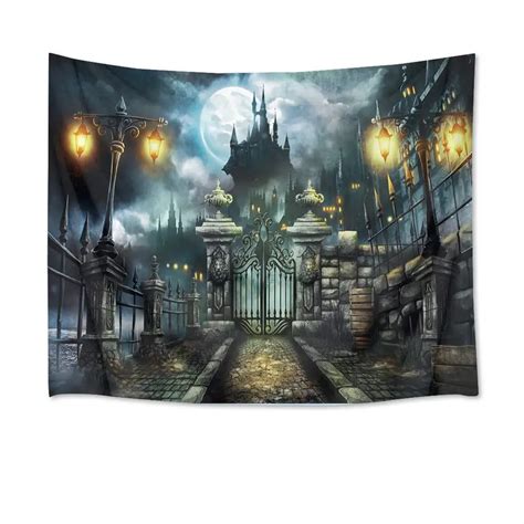 Castle Tapestry Haunted Building With Retro Gate Wall Hanging Full Moon