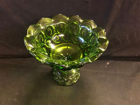 vintage green glass pedestal candy dish compote l e smith moon etsy