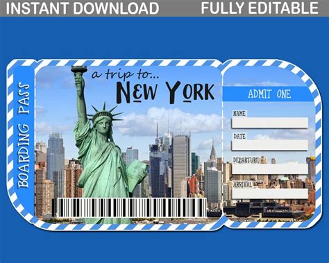 New York Boarding Pass New York Ticket Printable Print Etsy