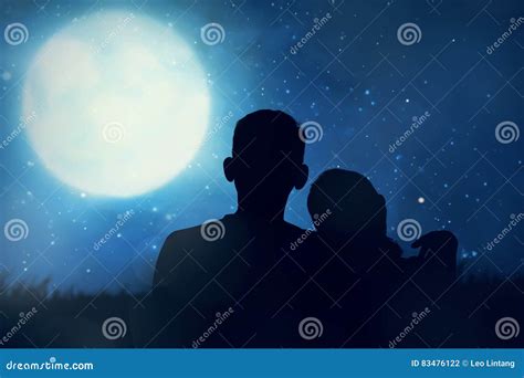 Silhouette Of Asian Couple Looking The Moon Stock Photo Image Of