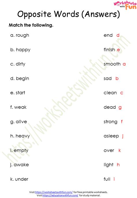 English Class 1 Opposite Antonyms Words Worksheet 2 Answer