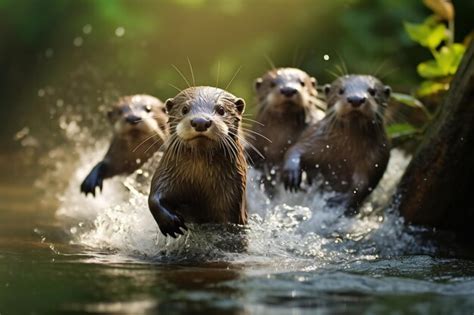 Premium Ai Image Group Playful Otters Swimming In The River