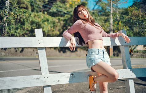 Wallpaper Road Look The Sun Trees Sexy Model The Fence Shorts Sneakers Portrait Makeup