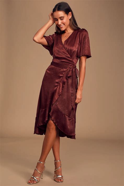 Wrapped Up In Love Burgundy Satin Faux Wrap Midi Dress Satin Wrap Dress Burgundy Satin Dress