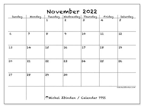 November 2022 Calendars “sunday Saturday” Michel Zbinden En
