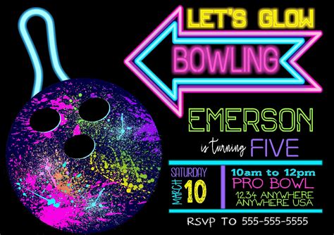 Neon Bowling Birthday Invitation Glow Bowling Invitation Etsy