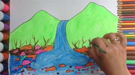 How To Draw And Color Waterfall Scenery For Beginners Youtube
