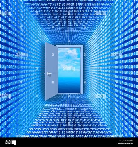 Hall Made Of Binary Code Leading To Open Door And Cloudscape Stock