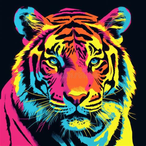 Colorful Tiger Face Pop Art Silkscreening Poster With Neon Palette
