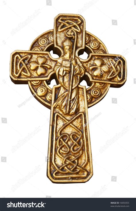Celtic Cross With St Patrick And Shamrocks Isolated With Clipping Path