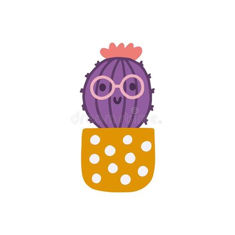 Cute Cactus With Flower In Pot Vector Flat Illustration In Hand Drawn