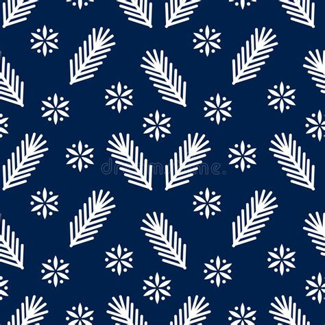 Christmas White Snowflakes And Fir Branches On Dark Blue Background